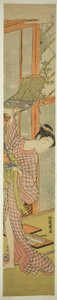 Jeune femme accrochant un tableau - Isoda Koryusai