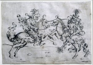 Deux cavaliers jouant. Jeu de deux hommes à cheval. Dessin d