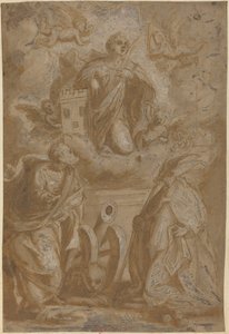 Sainte Barbe en gloire avec les saints Nicolas et Jérôme - Italian 16th Century