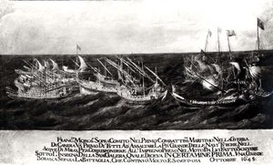 Bataille navale entre la flotte vénitienne sous le général Francesco Morosini (1618-94) contre les Turcs au large de la côte de Crète, octobre 1645 - Italian School