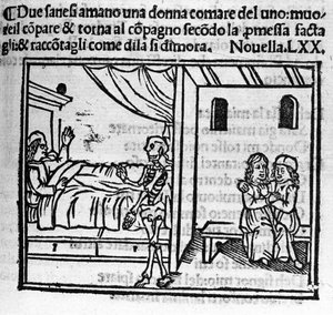 Un homme amoureux de la femme de son ami le remplace dans le foyer conjugal à sa mort. Illustration pour la nouvelle 70 (Nouvelle 10 du sixième jour) du « Décaméron » de Giovanni Boccaccio dit Jean Boccaccio (1313-1375), écrivain italien. Gravure dans « Dé - Italian School