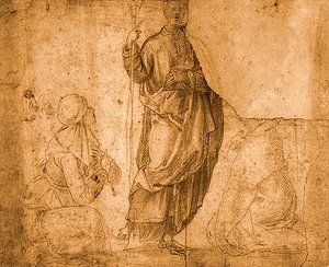 Un saint avec deux femmes agenouillées (craie rouge sur papier) - Italian School