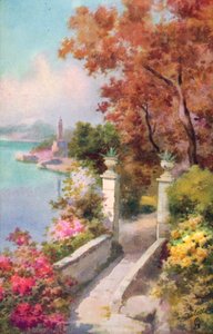 Une villa au bord du lac Majeur, Italie (lithographie couleur)