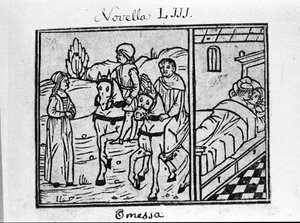 Une femme rencontre deux cavaliers, et a un couple dans une chambre. Illustration pour la nouvelle 53 (Nouvelle 3 du 6e jour) du "Décaméron" par Giovanni Boccaccio dit Jean Boccaccio (1313-1375), écrivain italien. Gravure dans "Decamerone ouer Cento nouell - Italian School