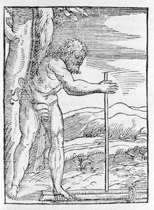 Un Indien Taïnos allumant un feu en frottant deux morceaux de bois. Gravure de « Navigationi et Viaggi » de Giovanni Battista Ramusio (1485-1557), vol. III, Venise 1565.