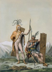 Guerriers celtiques anciens habillés pour la bataille, vers 1800-18
