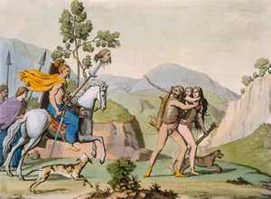 Guerriers celtiques anciens en expédition rencontrant un couple en chasse, vers 1800-18