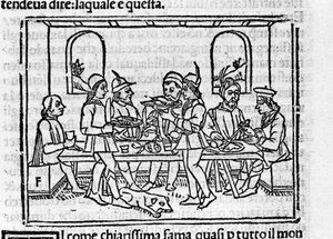 Scène de banquet en présence de membres de la noblesse florentine. Illustration pour le "Décaméron" de Giovanni Boccaccio (1313-1375), écrivain italien. Gravure dans "Decamerone ouer Cento novelle" Venise, Bartolomeo de 