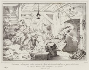 Bellisandra Maraviglia, tombée esclave des Turcs, met le feu à la poudre de guerre du navire où... - Italian School