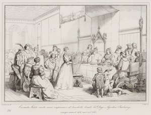 Cassandra Fedele chante des vers improvisés au banquet tenu par le Doge Agostino Barbarigo... - Italian School