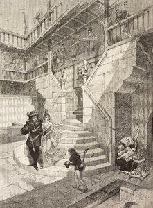 Cour de château, village médiéval à Turin, Italie, gravure par Bonamore de L