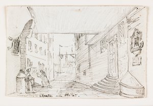 Rue de la ville à Gênes, avec le phare et le port en arrière-plan, début du 19ème siècle - Italian School