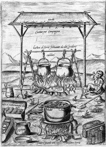 Cuisine de campagne : chaudrons et pots sont placés sur le feu. Gravure de « Opera », livre de gastronomie divisé en 6 parties, par Bartolomeo Scappi, cuisinier personnel du pape Pie V. Venise - Italian School