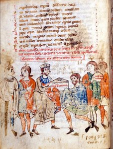 Cour de Mathilde de Canossa (ou Comtesse Mathilde de Toscane) (1046 - 1115) dans "Vita Mathildis" par Donizone, manuscrit du 13ème siècle. Lucca, Bibl, Governativa. - Italian School
