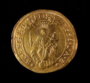 Monnaie de la République de Gênes : pièce de 12,5 doppie en or. Diam. 61 mm. 1656. Revers. Gênes Musei di Strada Nuova (inv. 6453)