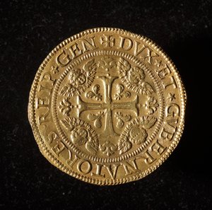 Monnaie de la République de Gênes : pièce de 12,5 doppie en or. Diam. 61 mm. 1656. recto. Gênes Musei di Strada Nuova (inv. 6456)