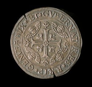 Monnaie de la République de Gênes : ECU large en argent. Diam. 61 mm. 1693. recto. Gênes Musei di Strada Nuova (inv, M7135)