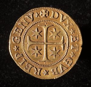 Monnaie de la République de Gênes : pièce de cinq doppie en or. Diam. 41 mm. 1642. recto. Gênes Musei di Strada Nuova - Italian School