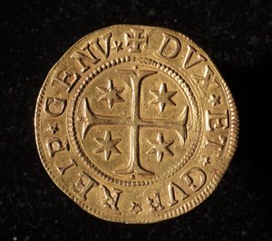 Monnaie de la République de Gênes : pièce de cinq doppie en or. Diam. 41 mm. 1652. recto. Gênes Musei di Strada Nuova - Italian School