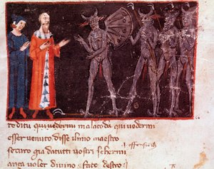 Dante et Virgile parlent avec Malacoda, chef des escadrons Malebranche (chant 21 de l
