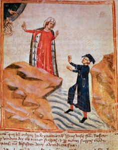 Dante rencontre Mathelda sur la rive du Léthé (chant 28 du Purgatoire, dans la Divine Comédie) - miniature - Italian School