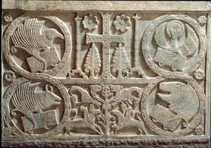 (détail) de Stuco avec les symboles des quatre évangélistes (tétramorphe) : l