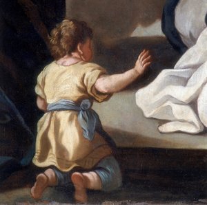 Détail de la peinture représentant la Madone du Rosaire avec les saints Dominique et Catherine de Sienne