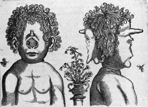 Différents types de monstres humains : visage et face de tête de monstre. Gravure de « De monstrorum natura, causis et differentiis » de Fortunio Liceti (1577-1656), scientifique italien. 1646