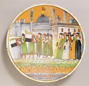 Plat décoré de musiciens (céramique) - Italian School