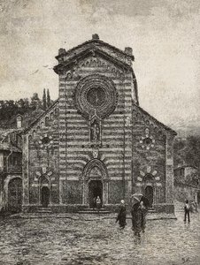 Façade de la cathédrale de Bellano, lac de Côme, Italie (gravure) - Italian School