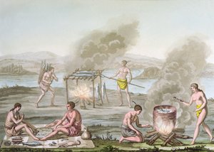 Indiens de Floride préparant et cuisinant de la nourriture, vers 1820 - Italian School