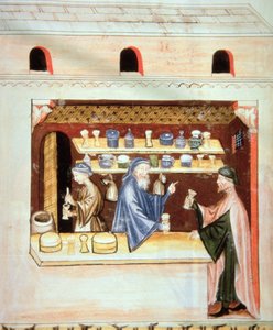 Préparation et vente de thym, illustration du Tacuinum Sanitatis Codex Vindobonensis