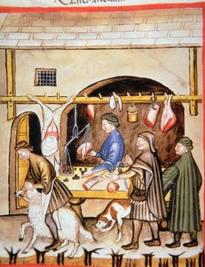 Les bouchers : Vente de mouton, illustration de Tacuinum Sanitatis - Italian School