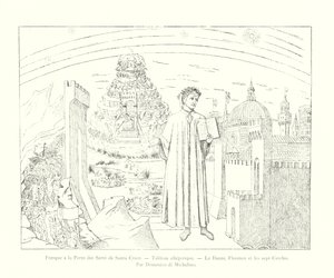 Fresque à la Porte des Servi de Santa Croce, Tableau allégorique, Le Dante, Florence et les sept Cercles, Par Domenico di Michelino (gravure)
