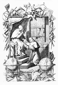 Frontispice de Biblioteca Universale Sacro-Profana, Vol. 1 par Vincenzo Coronelli, gravure réalisée par Alessandro dalla Via, publié en 1701 - Italian School
