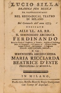 Frontispice de Lucio Silla de Mozart, joué à Milan en 1773 - Italian School