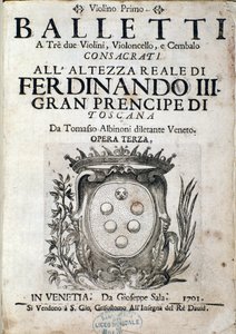 Frontispice de la partition musicale de Balletti a tre, opera III par Tomaso Albinoni (1671-1750) - Italian School