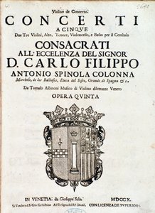 Frontispice de la partition musicale de « Concerti a cinque, opera 5 » par Tomaso Albinoni - Italian School