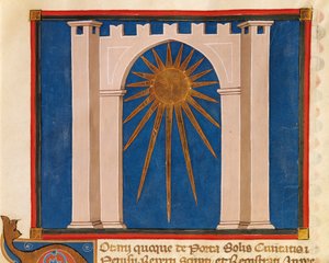 Porte du Soleil, miniature du Registre des Notaires de Pérouse, manuscrit, Italie, 14ème siècle - Italian School