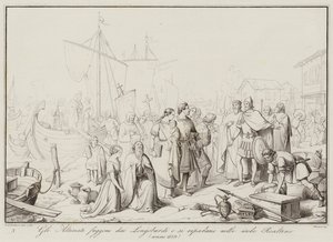 Les Altinati fuient les Lombards et se réfugient dans les îles Realtine, 639 (gravure) - Italian School