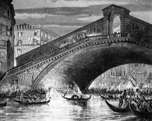 Grand Canal et le pont du Rialto pendant le Carnaval - Italian School