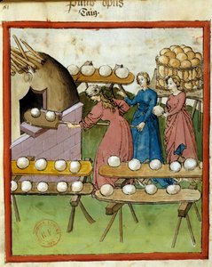 Manuel de santé : cuisson du pain. Miniature du manuscrit « Tacuinum Sanitatis », Lombardie, 3e quart du 14e siècle - Italian School