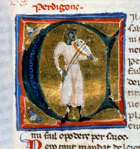 Lettre historiée (lettre A). Le troubadour Perdigon jouant du vieux. Miniature tirée du manuscrit « Chansonnier provençal » (Folio 36), écrit par Perdigon et copié par l