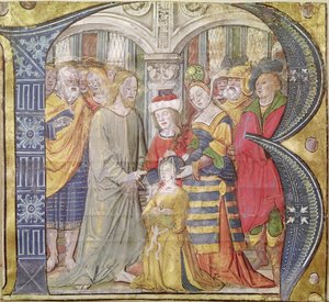 Initiale historiée B représentant le Christ guérissant une femme possédée
