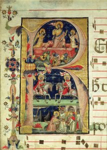 Initiale historiée R représentant la résurrection, deux chevaliers saints et un évêque saint recevant des reliques - Italian School