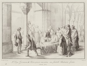 Le Doge Giovanni II Partecipazio rencontre son frère Badoario blessé, 884 (gravure) - Italian School