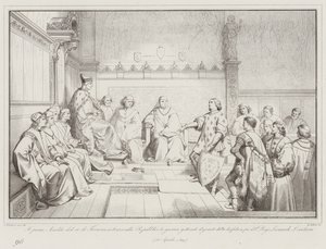 Le premier héraut du roi de France annonce la guerre à la République en jetant le gant (gravure) - Italian School