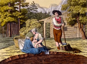 Habitants des Alpes autrichiennes construisant une maison, de Costumi dei Romani, Svizzeri.. vers 1800-18 - Italian School
