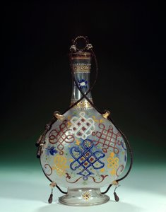 Art italien : bouteille en verre avec décorations polychromes. Fabriquée en Italie. 16ème siècle. - Italian School