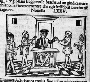 Scène de jugement à Florence. Illustration pour la nouvelle 75 (Nouvelle 5 du huitième jour) du « Décaméron » de Giovanni Boccaccio dit Jean Boccaccio (1313-1375), écrivain italien. Gravure dans « Décaméron ou Cent nouvelles » Venise, Bartolomeo de 